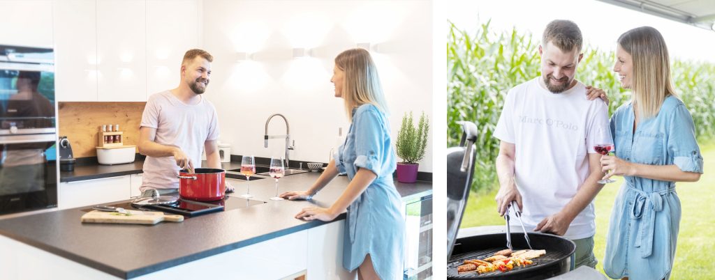 Zwei Bilder, bei einem stehen ein Mann und eine Frau in der Küche, am anderen sind die beide am Griller